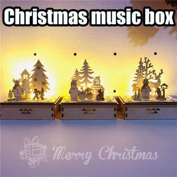 

2020 New Wooden Christmas Music Box LED Christmas Ornament Hand-held Christmas Music Box Birthday Halloween Gifts J60