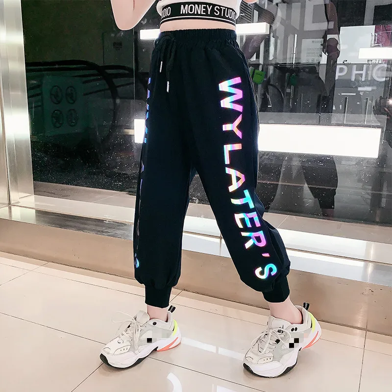 2020 Zomer Meisjes Broek Reflecterende Joggers Meisjes Harembroek Track Dunne Joggingbroek Brief Gedrukt Broek Mode Meisjes Kleding