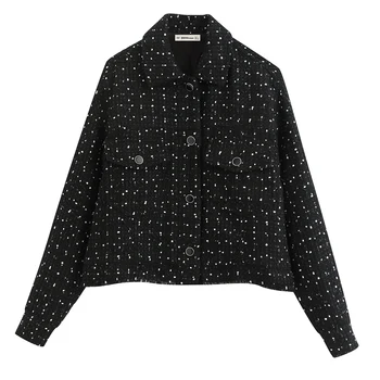 

Vintage Chic Pockets Single Breasted Tweed Jackets Women Fashion Turn-down Collar Coats Elegant Ladies Long Sleeve Jackets