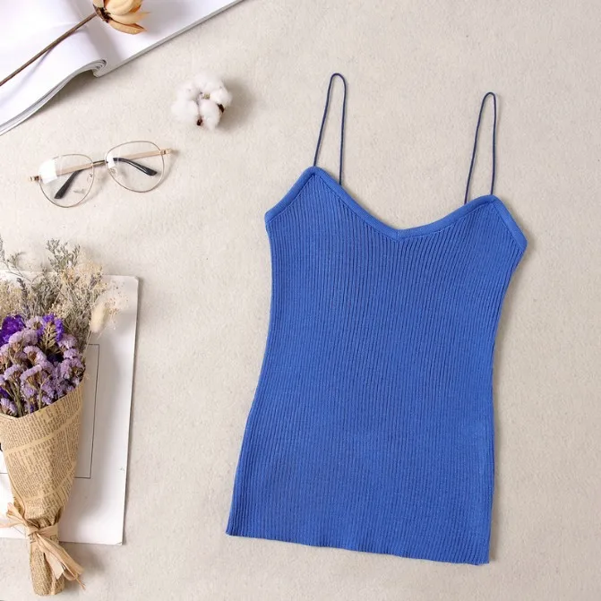 Women Summer Sexy Camisole Tanks Slim Casual Tank Tops Lady's Undershirt Solid Breathable Shoulder Vest For Female - Цвет: Denim Blue