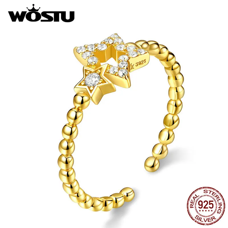 

WOSTU 100% 925 Sterling Silver Golden Stars Wedding Ring Adjustable Stackable Finger For Women Fashion Silver 925 Jewelry CQR561