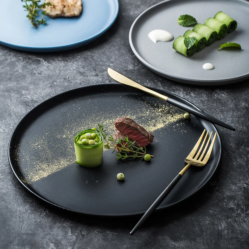 

Nordic flat bottom cake plate simple circular tray dessert plate breakfast plate ins Western food plate restaurant pizza plate