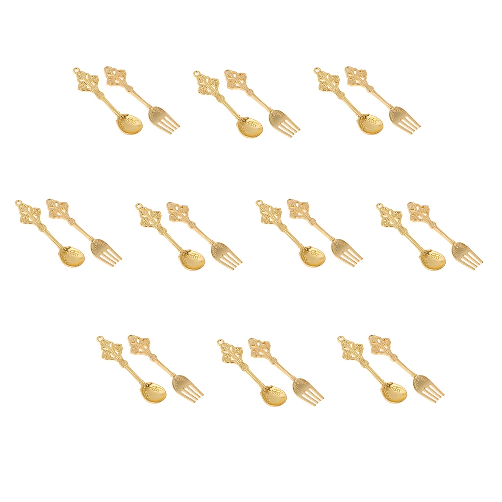 10 Pairs Mini Golden Spoon Fork Kit Tableware for 1/12 Dolls House Pretend Play Kitchen Dining Room Furniture Kitchen Toys