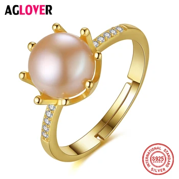 

AGLOVER New Genuine 925 Silver Gilt Ring Resizable Natural Freshwater Pearls Ring Jewelry Women Party Christmas Gift Hot Sale