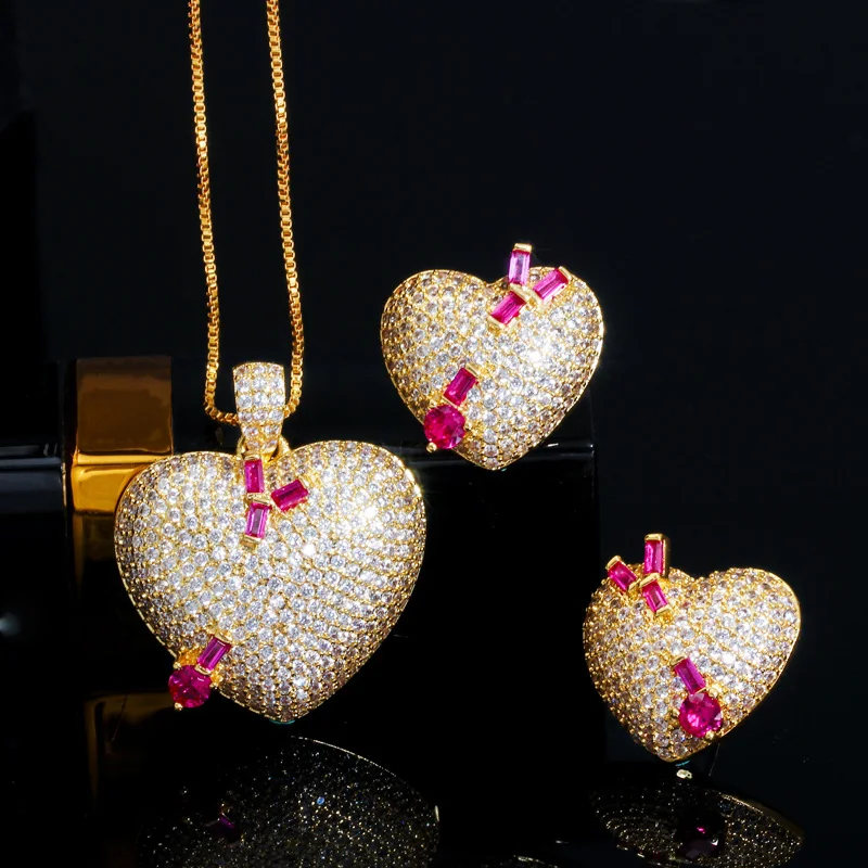 CWWZircons Micro Pave кубический цирконий камень 585 Золотое любовное сердце кулон ожерелье серьги Модные женские ювелирные наборы подарок T380