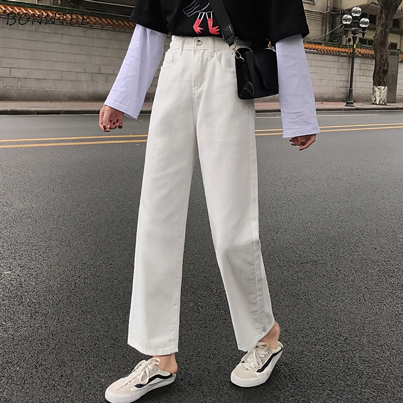 Джинсы женские эластичные с высокой талией однотонные прямые штаны карманами