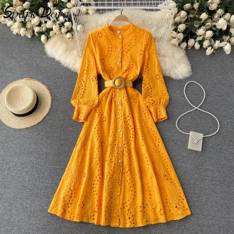 

Free Shipping Dress Women Spring Autumn Retro Outwear Elegant Dress Long Sleeve Collect Waist Pure Color Hollow Out Vestidos