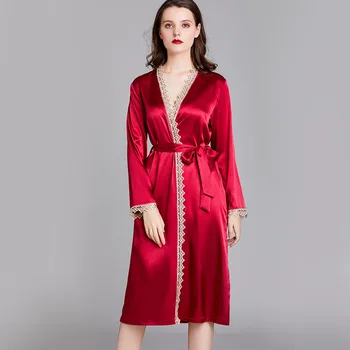 

Burgundy Embroidery Sleepwear Lady Long Sleeve Kimono Bathrobe Gown Nightgown Clothes Nightwear Intimate Lingerie Sexy Homewear