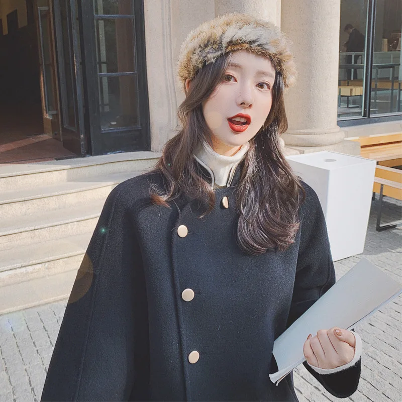 

Photo Shoot Black And White with Pattern Woolen Jacket Women's Mid-length 2019 Winter New Style Korean-style Loose-Fit Hepburn W