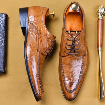

Genuine Cow Leather Men Oxfords Shoes Black Khaki Crocodile Pattern Formal Dress Men Flats Lace-Up Business Wedding Shoes EU 46