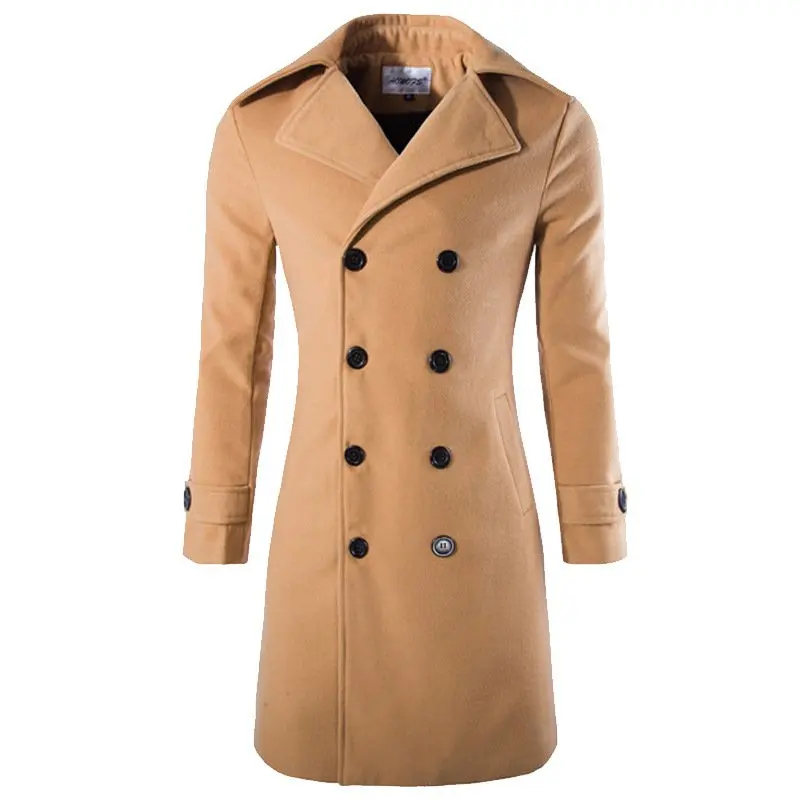 Mens Long Coat Slim Fit Double Breasted Trench Coat Woolen Blend Business Casual