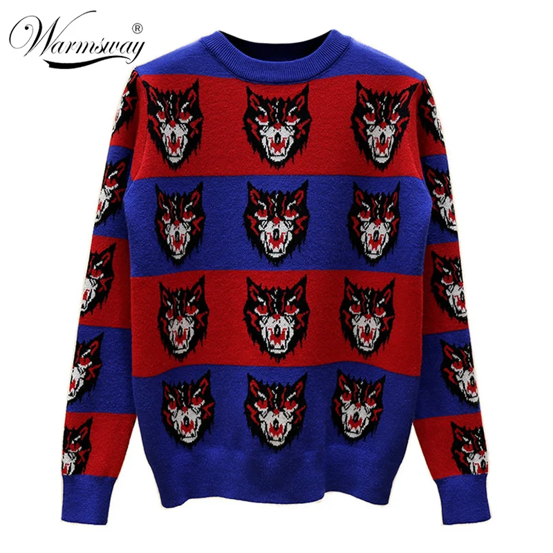 Brand Autumn Winter Women Fashion Sweater Contrast Color Long Cartoon Tiger Head Jacquard Pullovers Knitted C-501 | Женская одежда