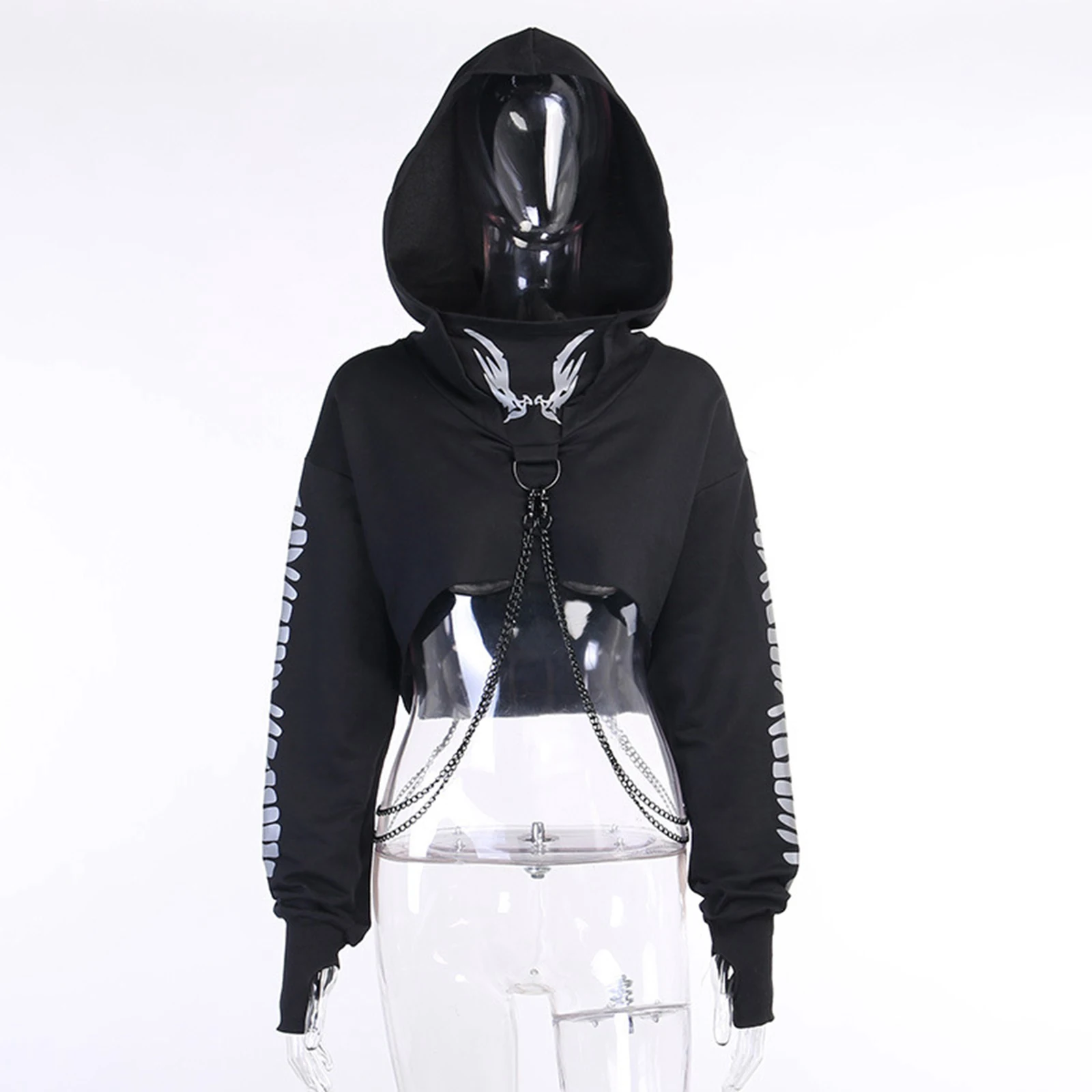 Women Gothic Reflective Print Hoodies Crop Top Pullover Sweatshirt Jumpers with Detachable O-ring Chain