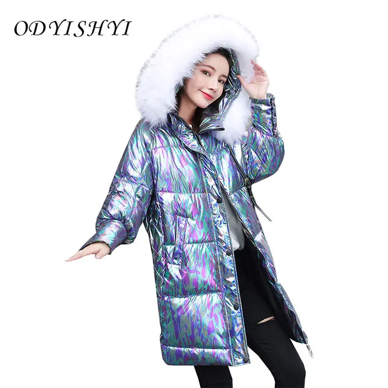 

Colorful Shiny Cotton Padded Coat Women Mid-length Big Fur collar Down Jacket 2020 Thick Winter Outerwear Warm Female Parka DH35