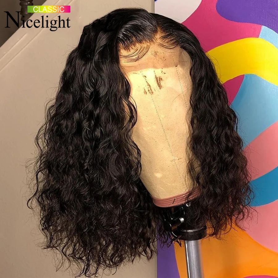 Nicelight бразильские волнистые волосы фронтальные парики Remy Предварительно выщипанные вьющиеся парики на сетке человеческие волосы влажные и волнистые короткие парики боб - изображение