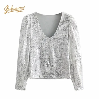 

Sheflourishes Womens Sequined T Shirt long sleeve Spring V neck sexy Blingbling Party Top Female Silver Sequined Tee Shirt SFB1d