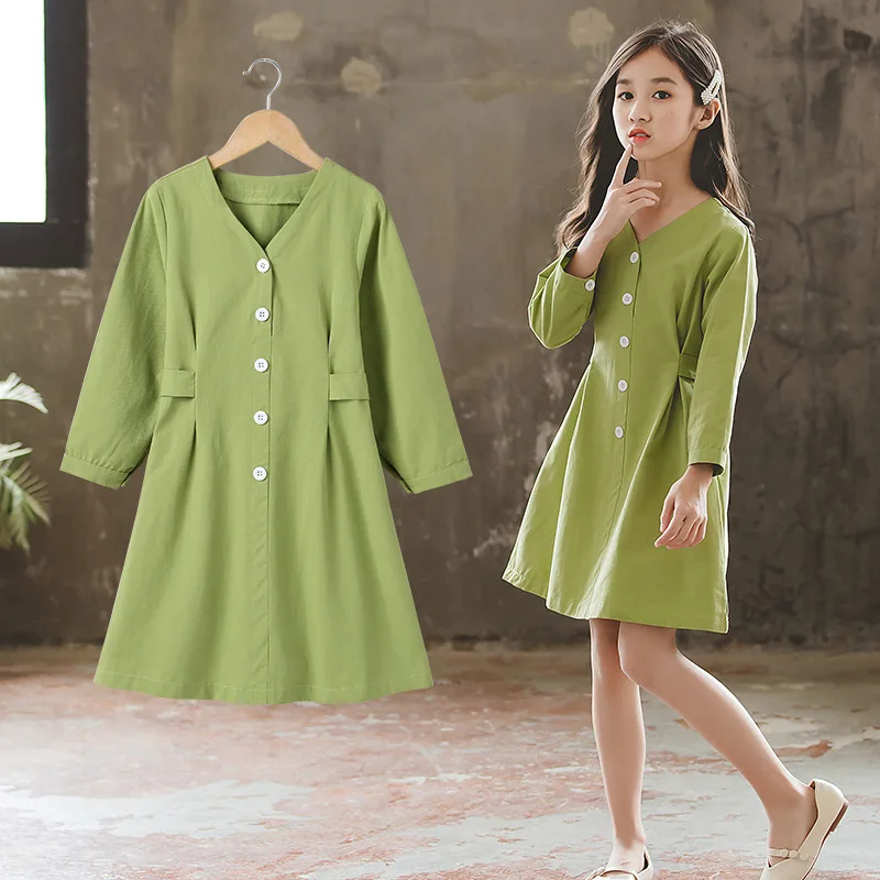 Весеннее платье для девочек, новое милое зеленое платье принцессы с бантом для девочек 6, 8, 10, 12, 14 лет, модное однотонное детское весеннее платье с длинными рукавами