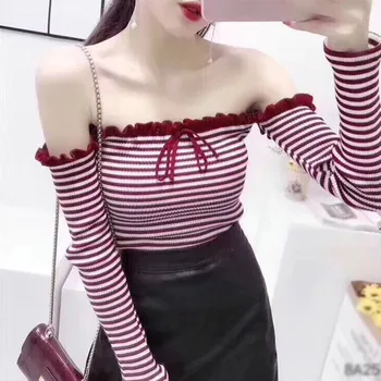 

Ruffles Striped Sweaters Women's Fashion Sexy Knitting Off Shoulder Slash Neck Thin Sweater Pullover Top Fall Clothing Jumper