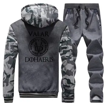 

2019 Winter Hot Sale Hoodie Mens Game Of Thrones Valar Dohaeris Camouflage Coat Thick Suit Jackets Sportswear+Pants 2 Piece Set