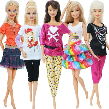 

Handmake 5 Sets Lovely Outfits Lady Daily Casual Wear T-Shirt Blouse Shorts Leopard Pants Cake Skirt Clothes For Barbie Doll Toy