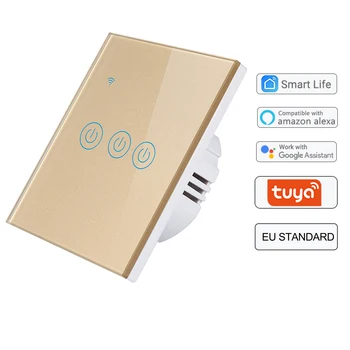 

3Gang3Way Tuya/Smart Switch Wall Light Switch WiFi Single live line for Application Without Neutral Wire-Gold