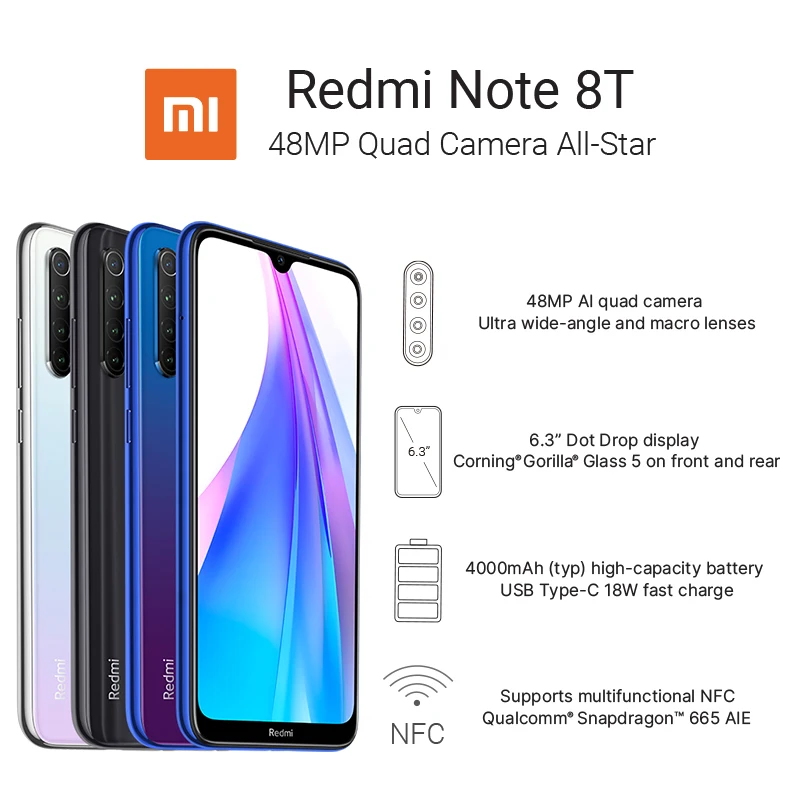 Смартфон Xiaomi Redmi Note 8T с глобальной версией, 4 ГБ, 64 ГБ, 48мп, четырехъярусная камера, 4000 мАч, большая батарея, Snapdragon 665, Поддержка NFC телефона