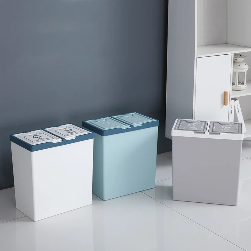 LIXF Classified Trash Can Kitchen Trash Bin Bedroom Residual Waste Household Food Waste Rubbish Storage Double Bucket-Grey
