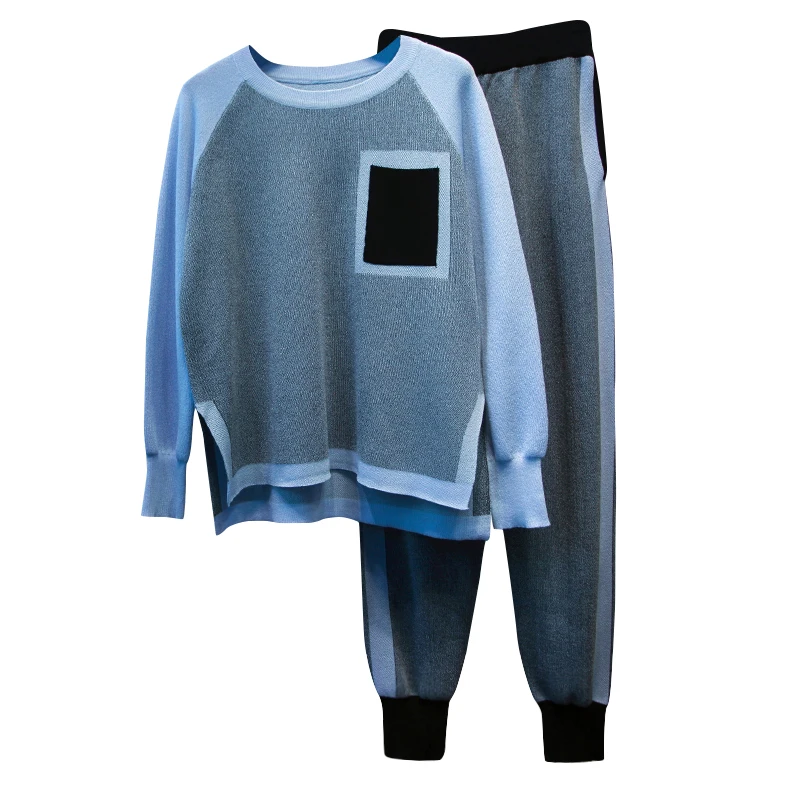 Высокое качество Акция комплект: укороченный топ и юбка Весна высококачественный кашемировый костюм цвет свитер+ трикотажные брюки - Цвет: Blue gray