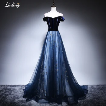 

LINLING Elegant Evening Dresses Long Woman Party Night Boat-Neck Off Shoulder Lace Up Floor Length Embroidery Formal Ball Gown