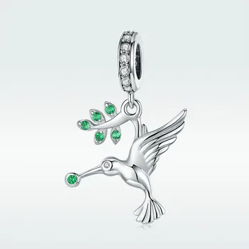 

BISAER Real 925 Sterling Silver Green CZ Hummingbird And Leaf Pendant Charm for Women Charms Bracelet or Necklace Gift GXC982
