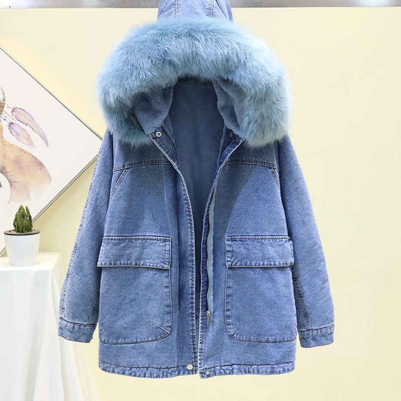 

Winter Women's Denim Jacket With Fur Coat Women Denim Coat Plus Velvet Thickening Denim Jacket Female Coat 2019 Winter Jacket Woman