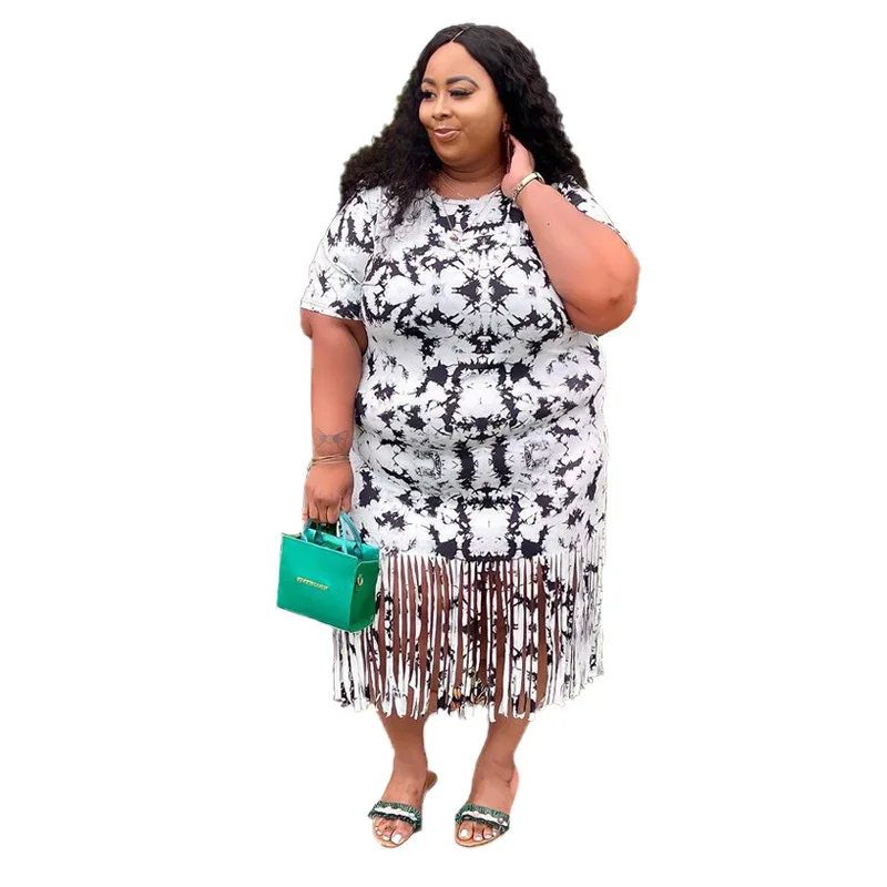 

XL-5XL 2022 fashion summer plus size dress women clothing club printing tassel short sleeve long dresses Wholesale Dropshipping