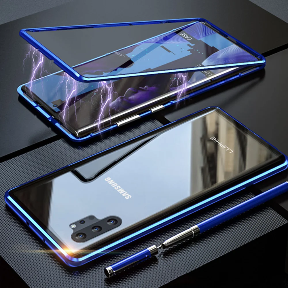 Роскошный Алюминиевый металлический бампер Магнитный чехол для samsung Galaxy Note 10 Plus 10+ 5G Note10 магнитные Чехлы прозрачное стеклянное покрытие Coque