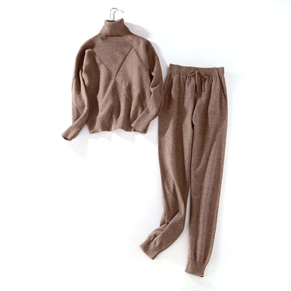 

2Pcs Women Autumn Sweatshirts Slim Fit Tracksuit Sweater Turtleneck Knitted Suit Casual Winter Long Sleeve Knit Pant Sporting