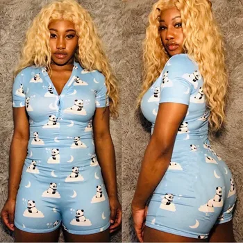 

Womens Jumpsuit Fashion Panda Print Cute Short Sleeve Deep V Neck Bodycon Jumpsuit Sleepwear Leotard Bodysuit Romper Short Pants