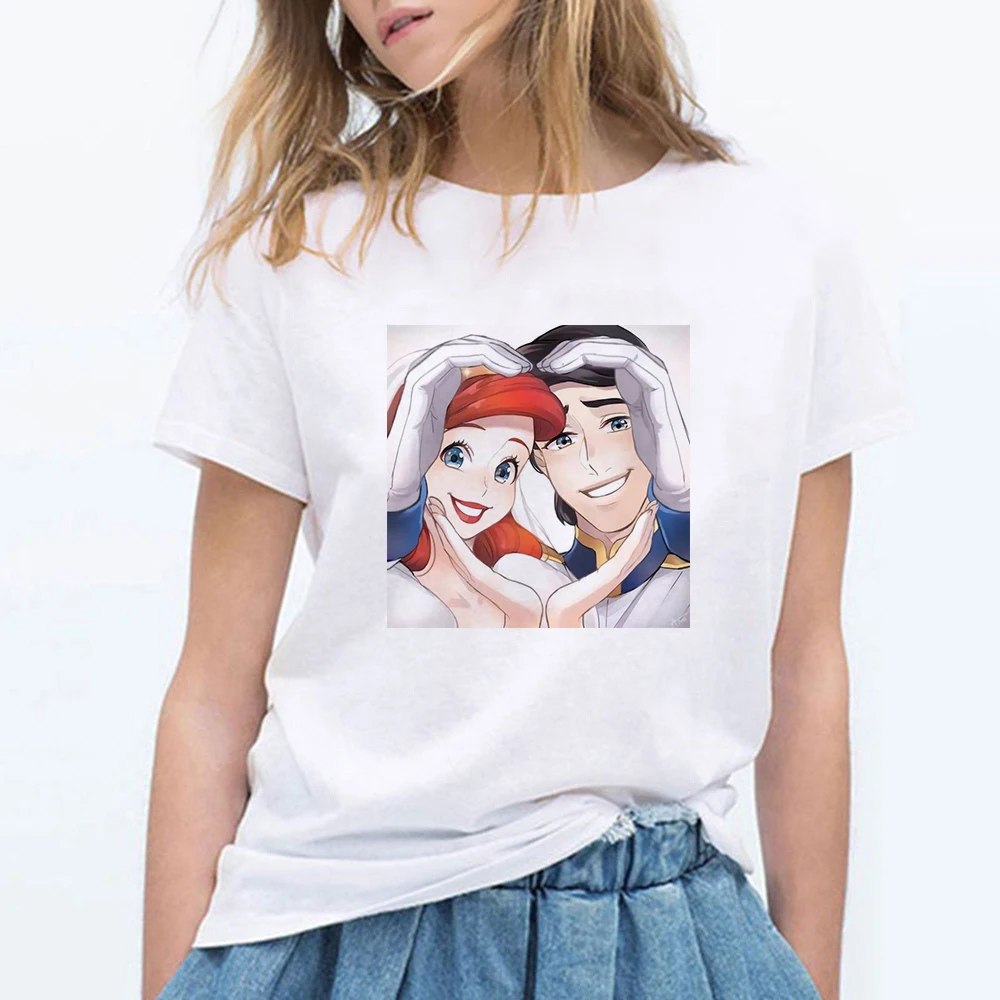 

90s Funny Princess and Prince Little Mermaid Cartoon Top Harajuku T Shirt Women Summer T-shirt Kawaii Streetwear Tshirt