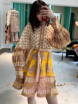 

High Quality Bohemian Fashion Runway Dress 2020 Women Floral Print Lantern Sleeves Belt Casual Mini Dress Fall Top Sale Dress