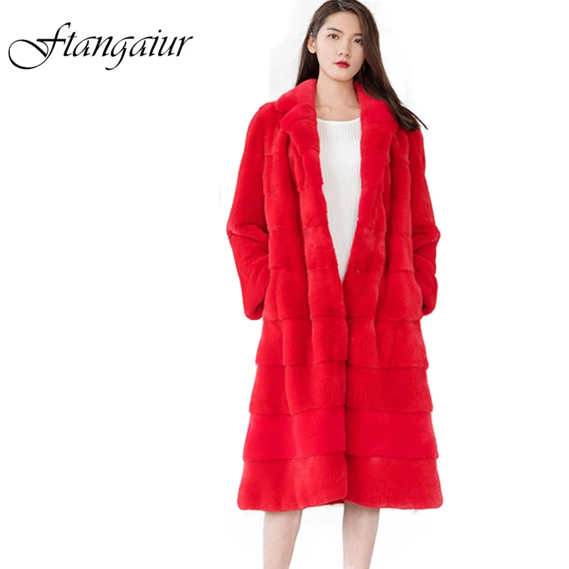 Ftangaiur Winter Import Velvet Mink Fur Coat V-Neck Solid Red Full Sleeve Coats Women's X-Long Slim Real | Женская одежда