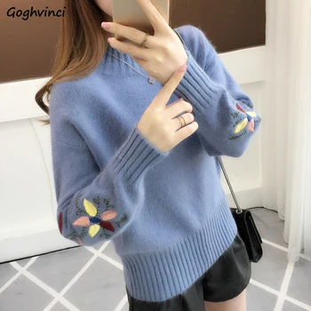 

Pullovers Women Embroidery Soft Loose Simple Ulzzang Elegant O-Neck Knitted Pullover Womens Sweaters Chic Autumn Winter Thicker