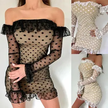 

Sexy Vintage Women's Bandage Bodycon Off shoulder Lace Ruffles Polka Dot Long Flare Sleeve Evening Party Short Mini Pencil Dress