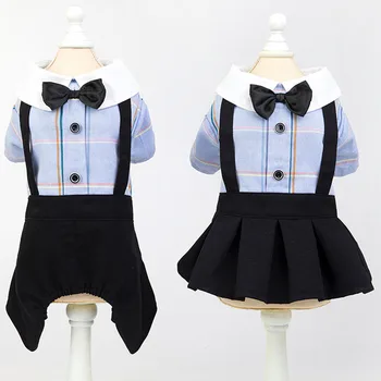 

Plaid College Style Summer Dress Short-sleeved Couples Strapless Dress Shirt For Girls Dog Clothes For Chihuahua Blue Gray Skirt