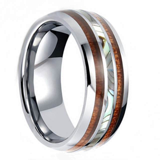 Personality Abalone Shell & Hawaiian Koa Wood Inlay Tungsten Carbide Ring For Men Anniversary Birthday Party Jewelry Gift