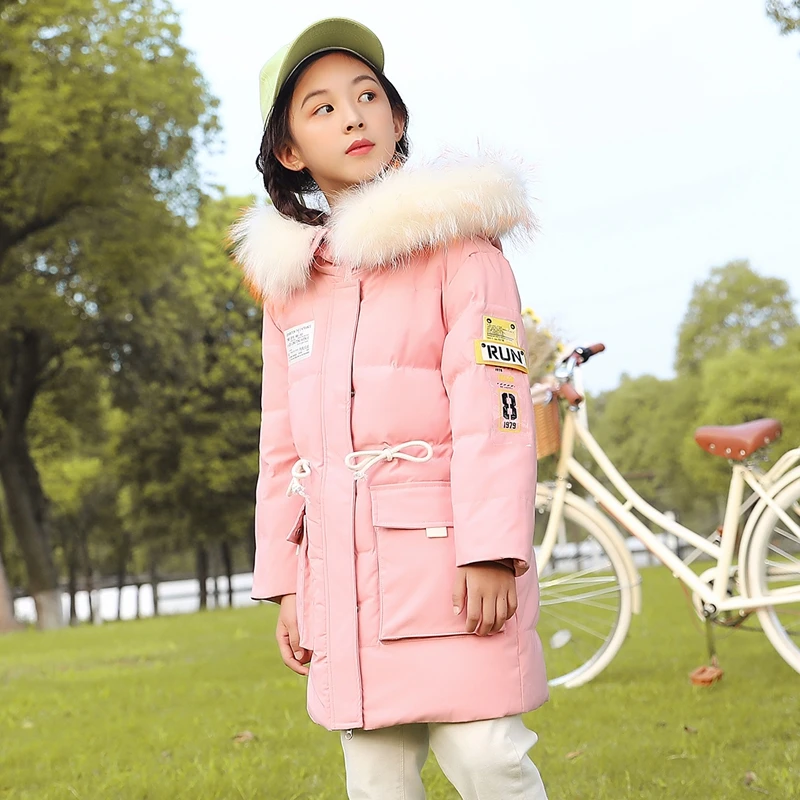 Pink Детские зимние куртки для девочек, коллекция года, повседневная плотная теплая одежда средней длины пуховое пальто с завязками для девочек в русском стиле, парка для девочек возрастом от 5 до 14 лет - Цвет: Pink