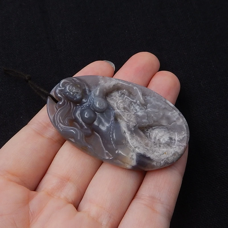 Natural Stone Agate Carved Mermaid Necklace Pendant 56x33x7mm 20.9g Semiprecious Stone Fashion Pendant Jewelry Making