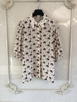 

2019 New Ladies Fashion Long Sleeve Sexy Casual Puff Sleeve Silk Print Shirt 0109