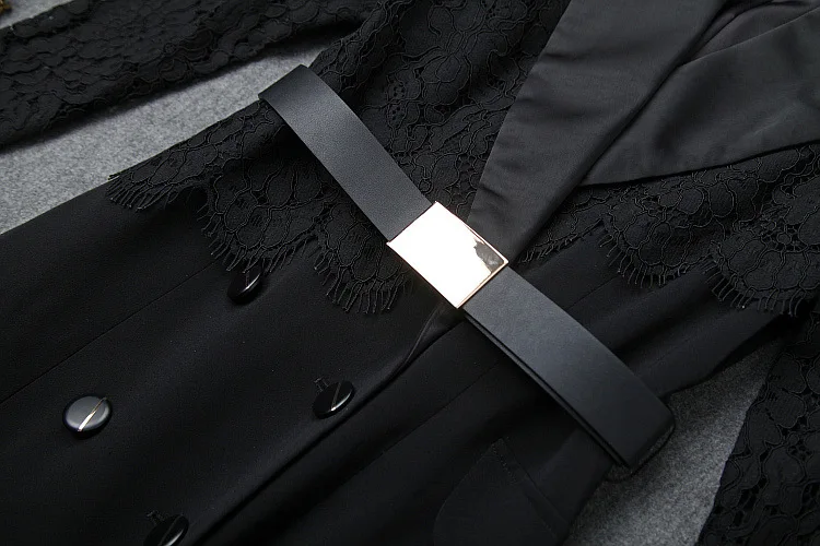 Elegant Work Dress Autumn Style Women Notched Collar Lace Patchwork Double Breasted Mid-Calf Length Black Dress Vestidos