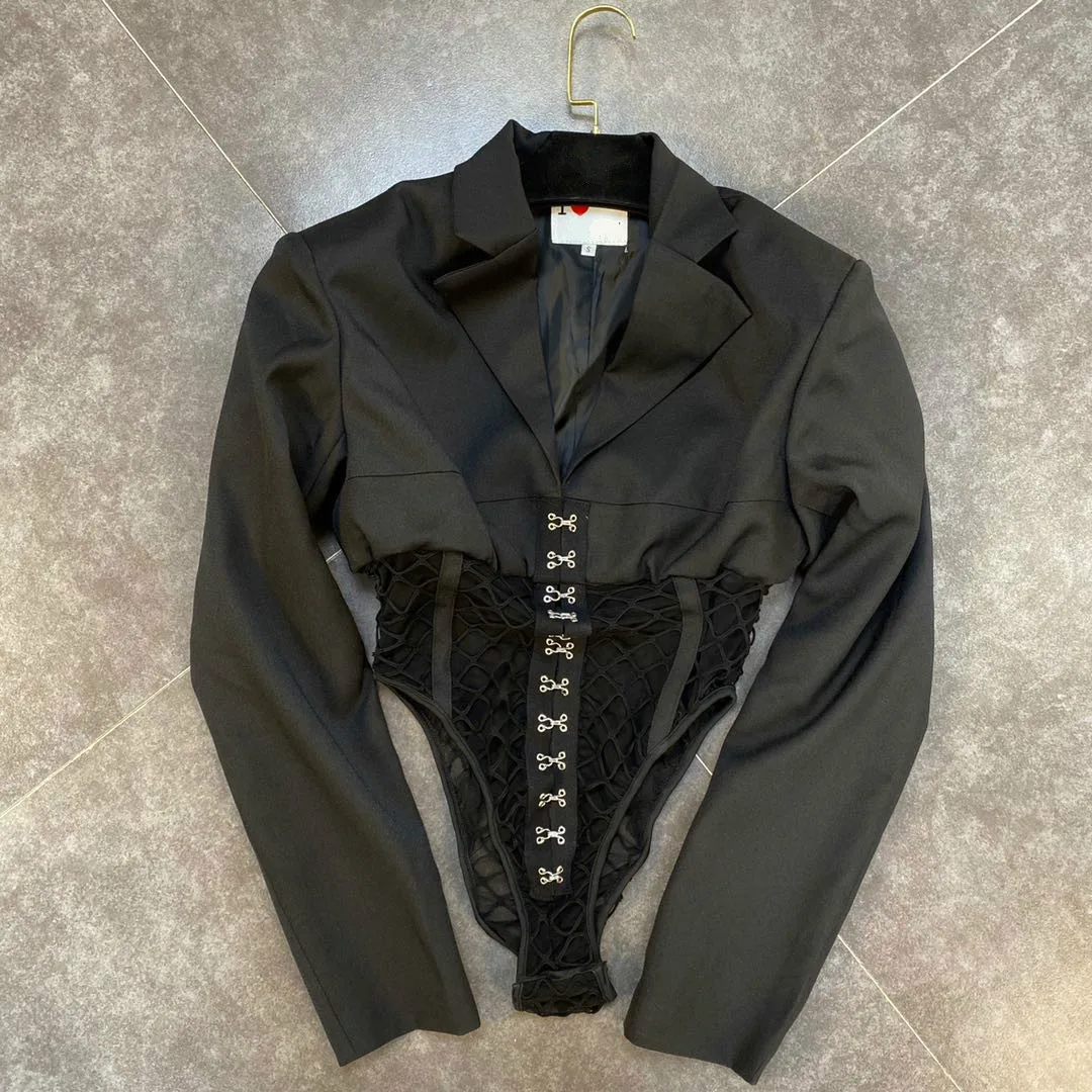 

Sexy Long Sleeve Bodysuit Women Cool Lapel Shoulder Pad Long Sleeved Spell Transparent Lace Shirt Lady Black Bodysuits