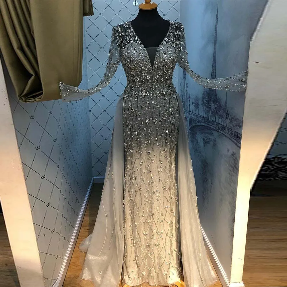New-Arrival-Silver-Evening-Dresses-Elegant-V-Neck-Long-Sleeve-Tulle-Crystal-Beads-Formal-Dress-Party