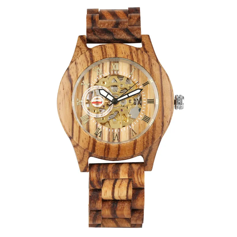100% Handmade Wooden Watch Men's Bamboo Wristwatch Automatic Mechanical Skeleton Watches Roman Numeral Timepiece Wooden Strap