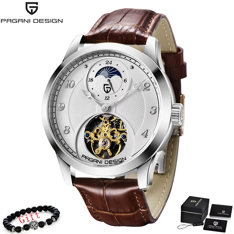 PAGANI Tourbillon Мужские Водонепроницаемые часы Мужские механические часы с скелетом оригинальные брендовые роскошные часы мужские Relogio Masculino - Цвет: Brown Silver White